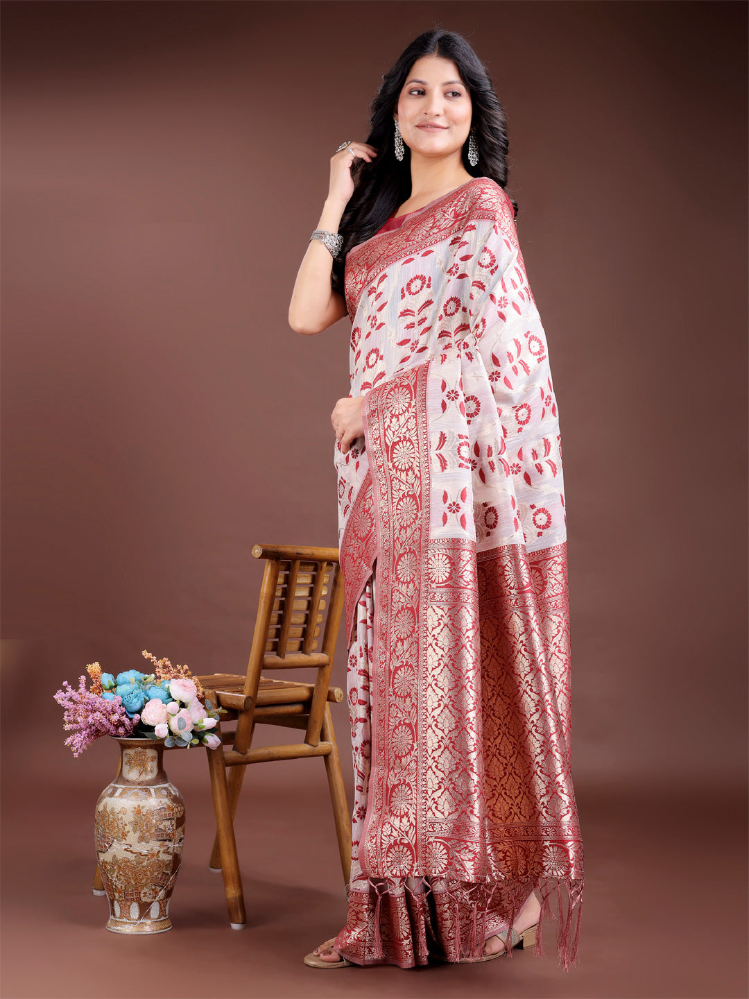 Maroon Linen Cotton Saree