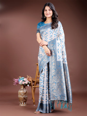 Sky Blue Linen Cotton Saree