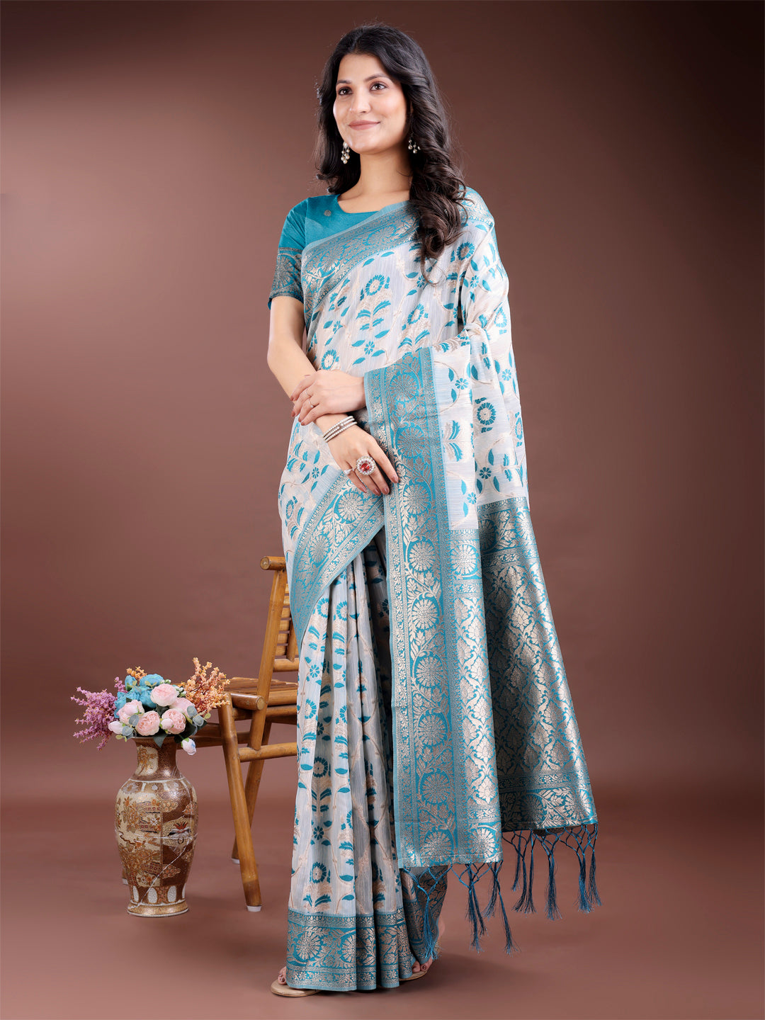 Sea Green Linen Cotton Saree