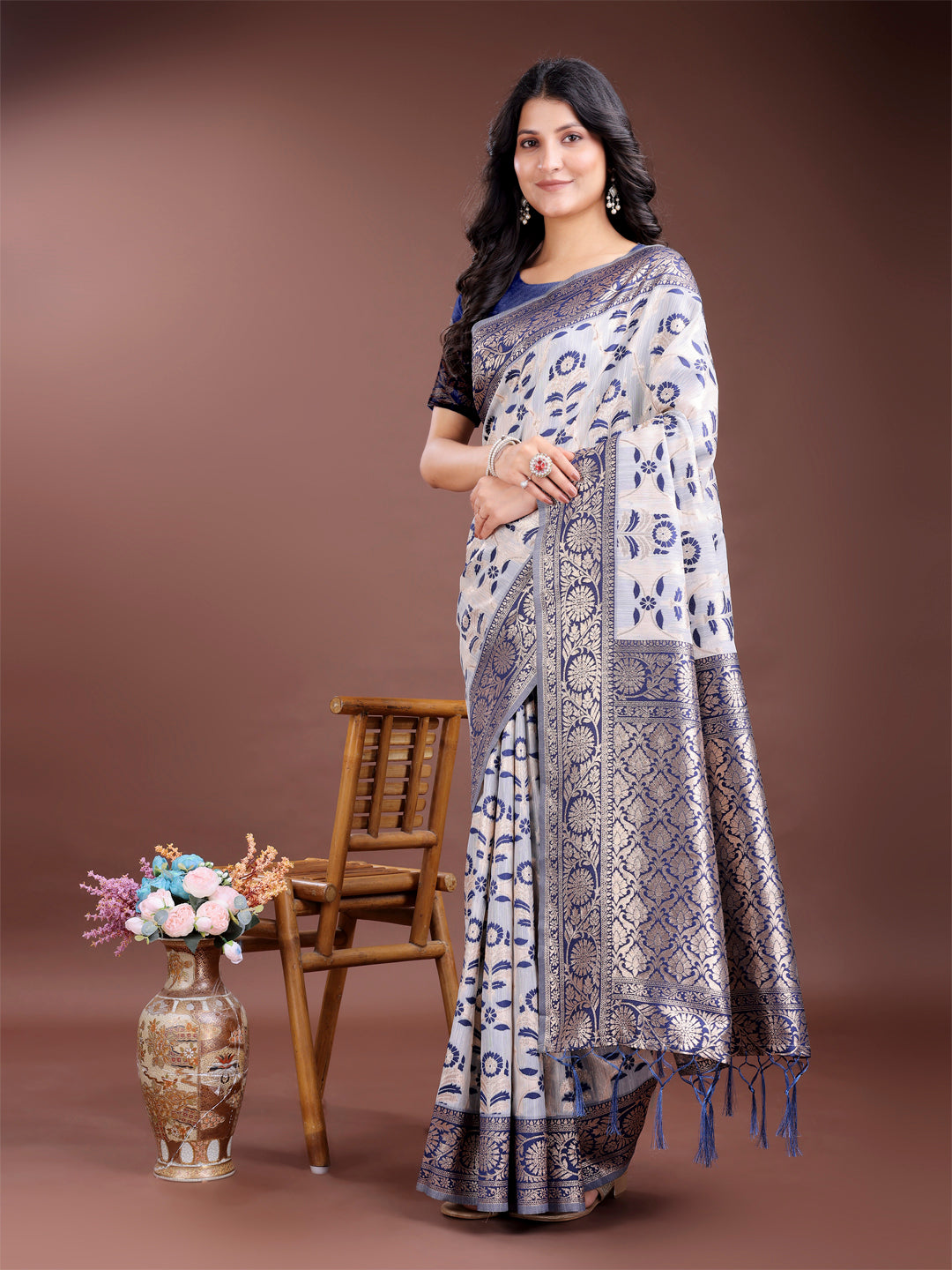 Navy Blue Linen Cotton Saree