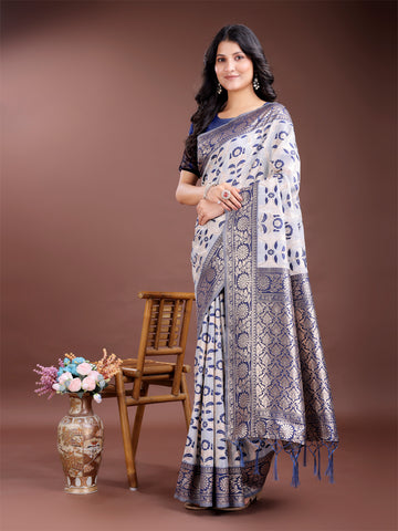 Navy Blue Linen Cotton Saree