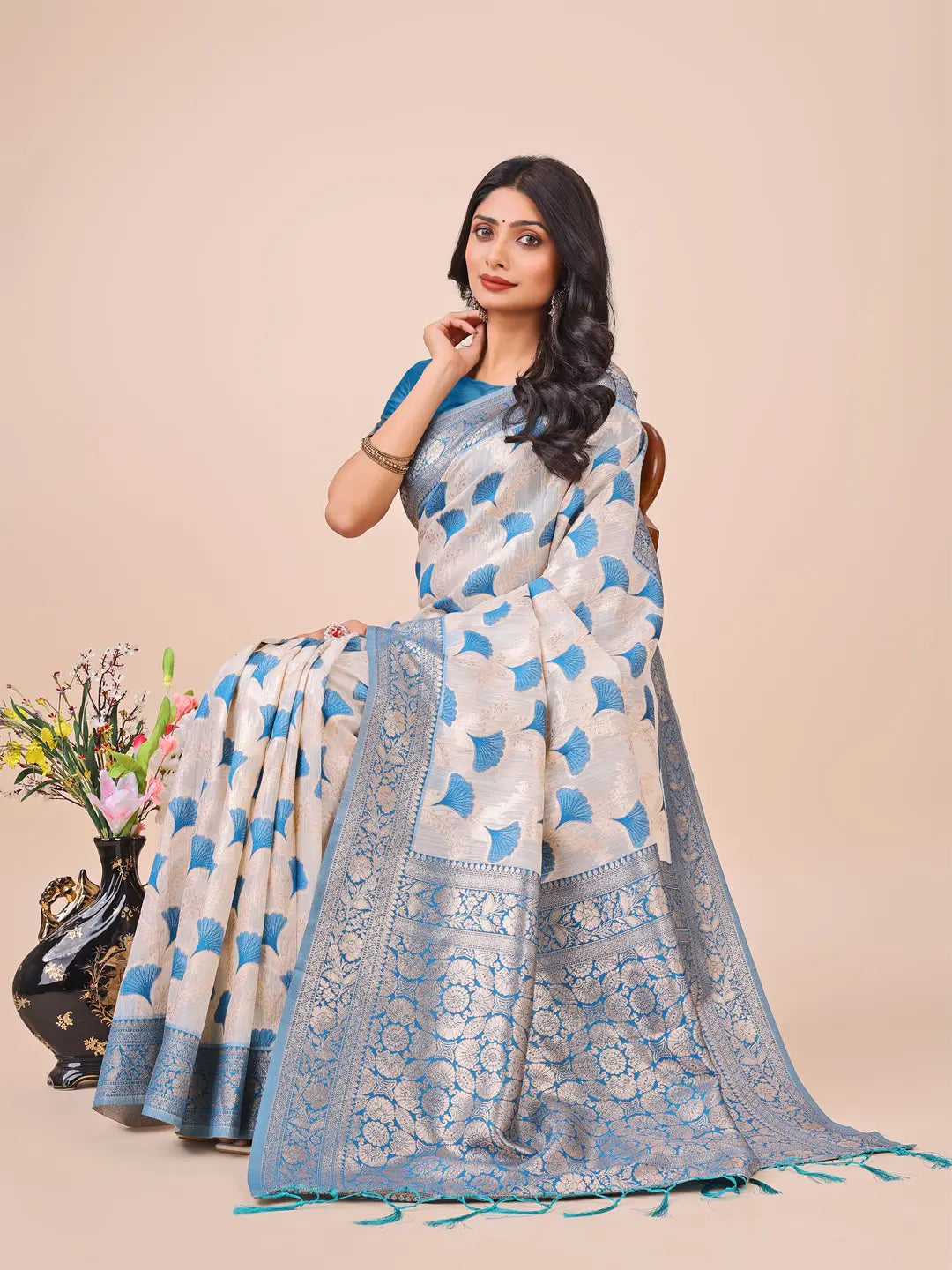 Sky Blue Linen Cotton Saree