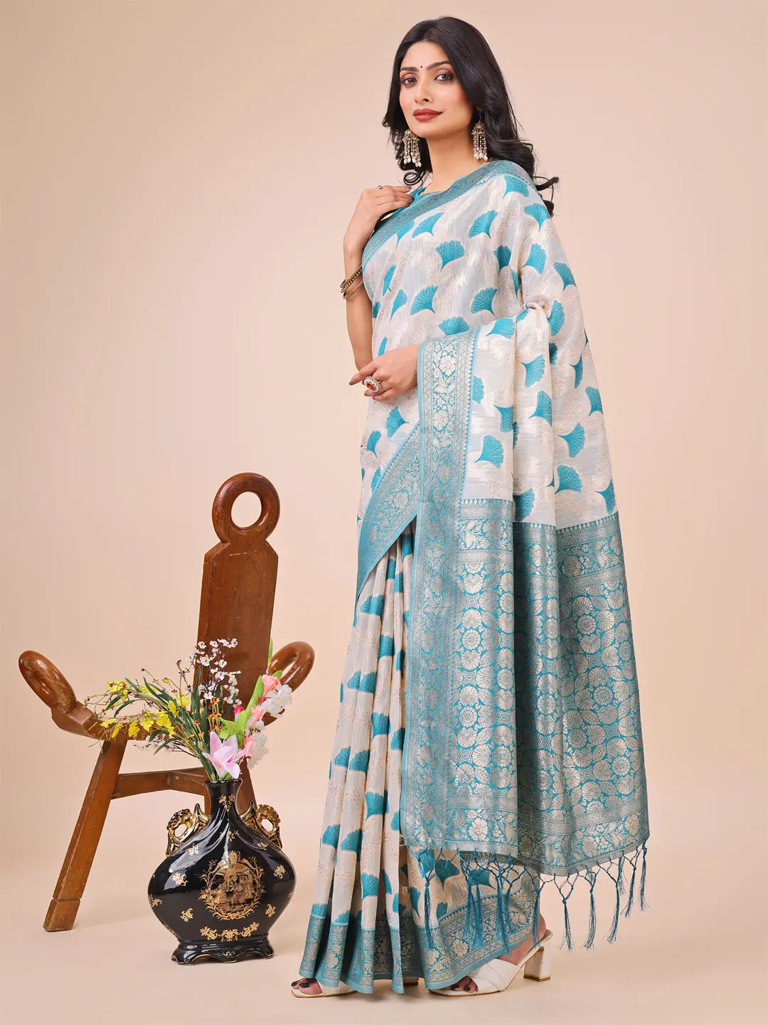Teal Blue Linen Cotton Saree