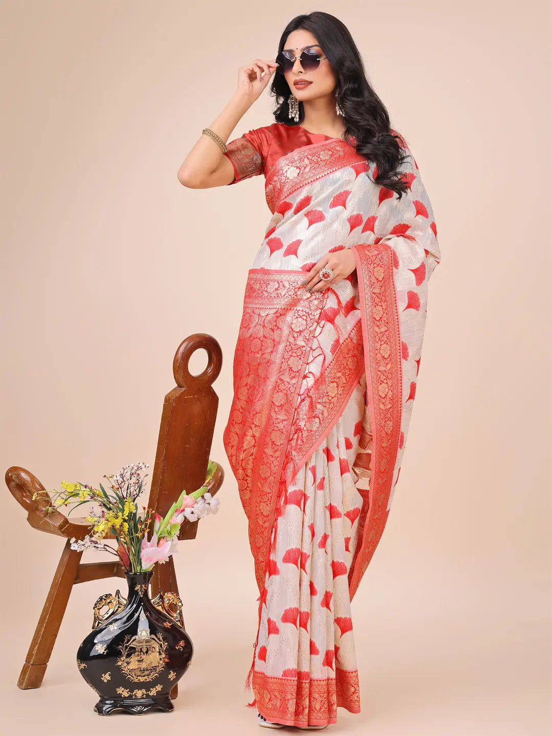 Red Linen Cotton Saree