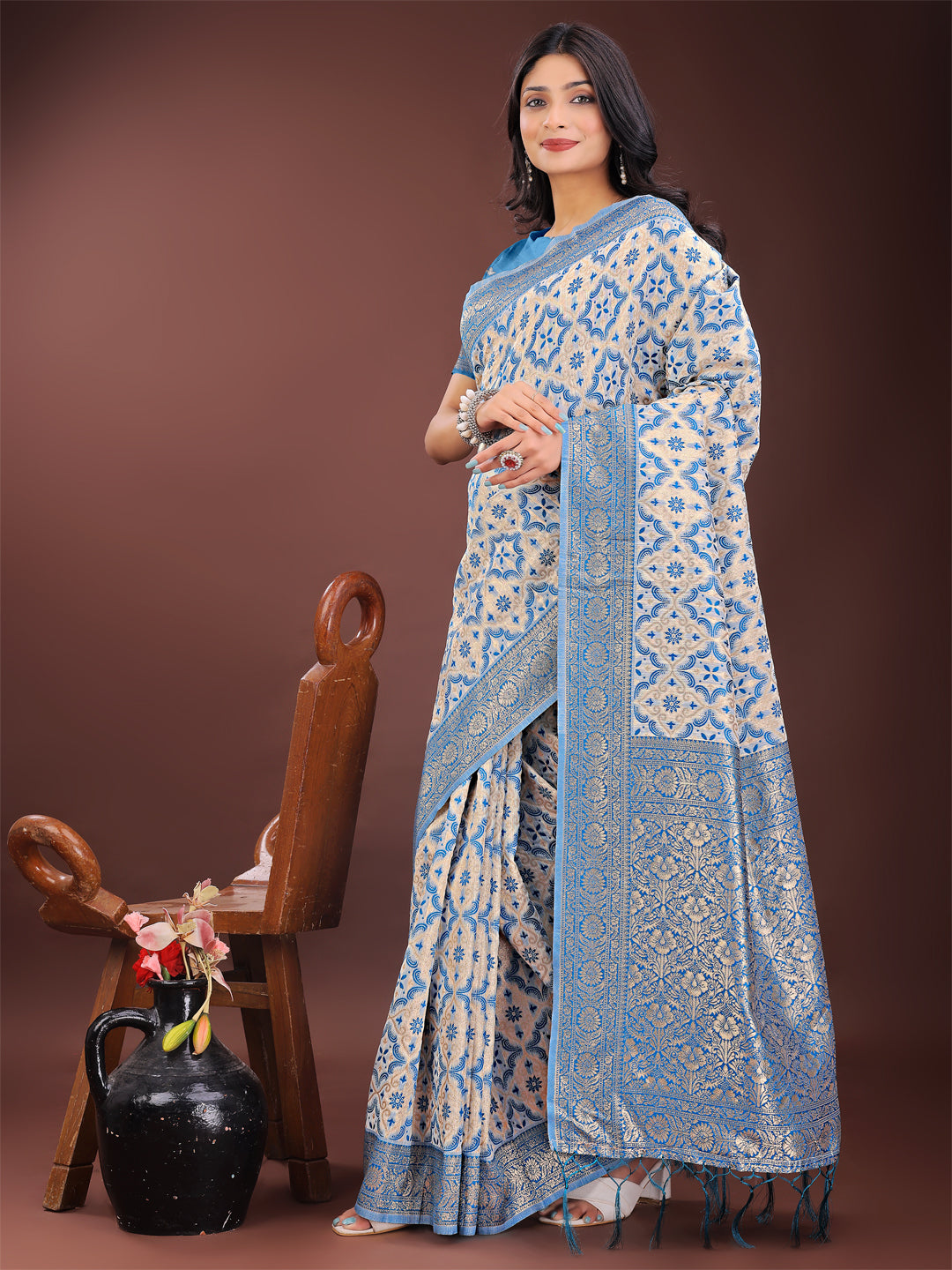 Sky Blue Linen Cotton Saree