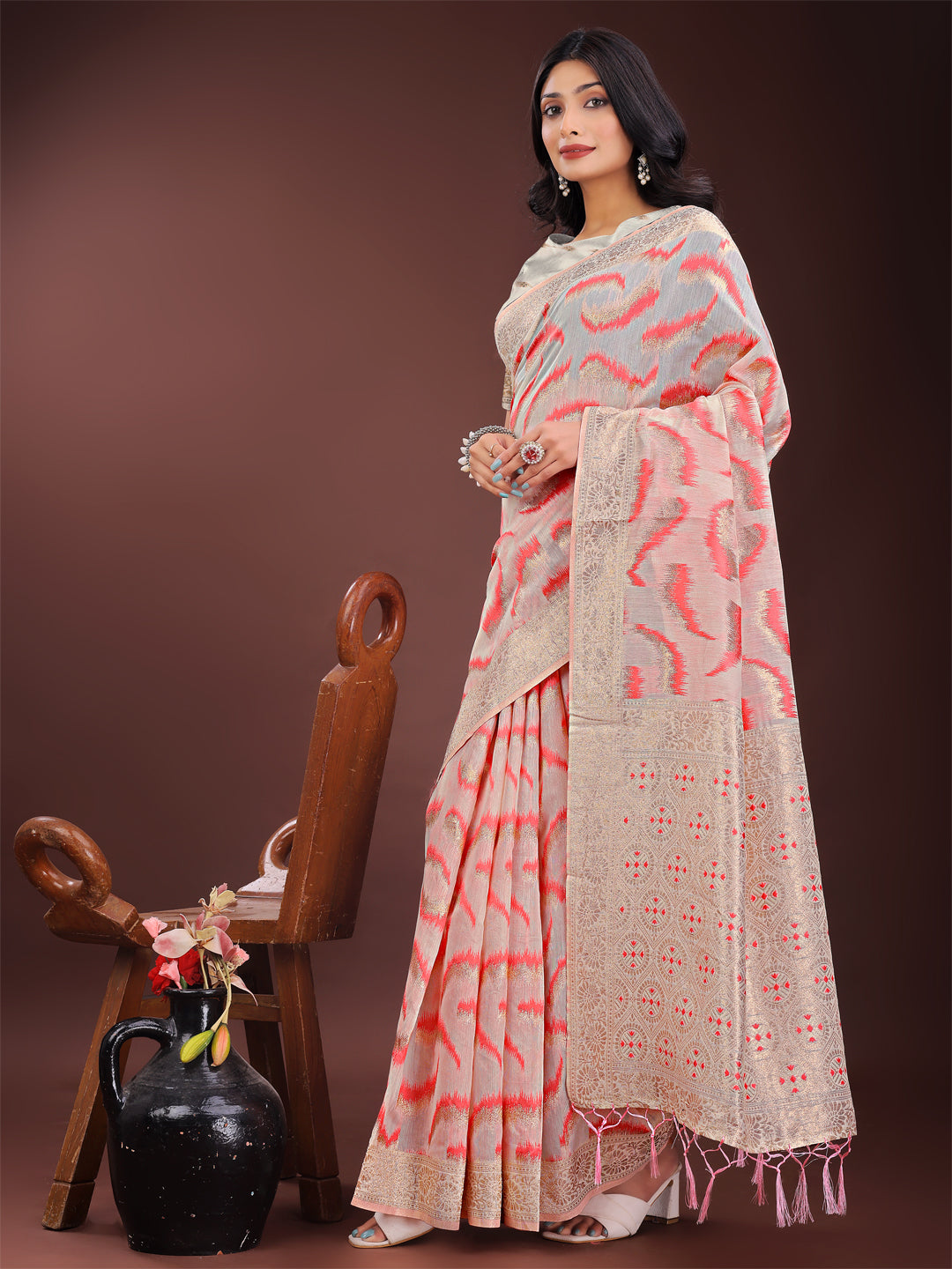Peach Linen Cotton Saree