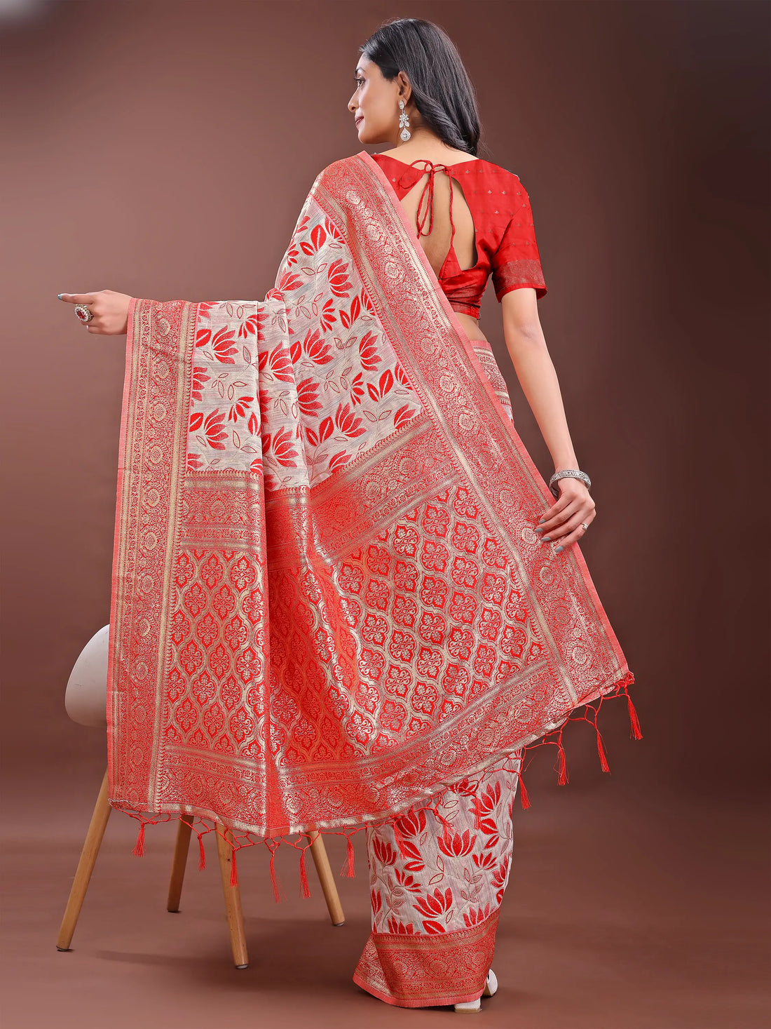 Red Linen Cotton Saree