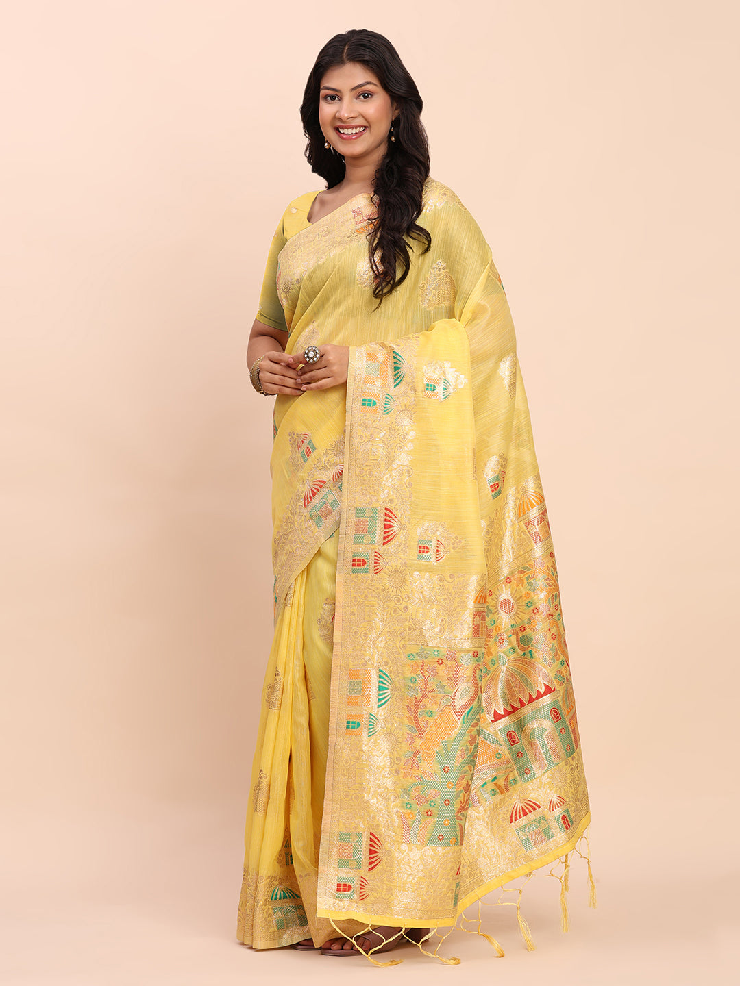Yellow Linen Cotton Saree
