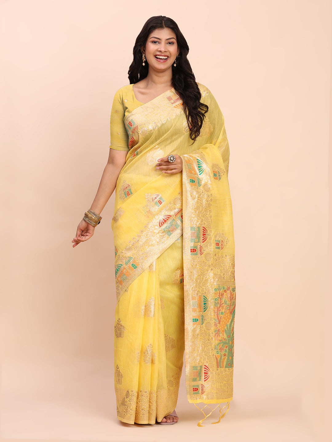 Yellow Linen Cotton Saree