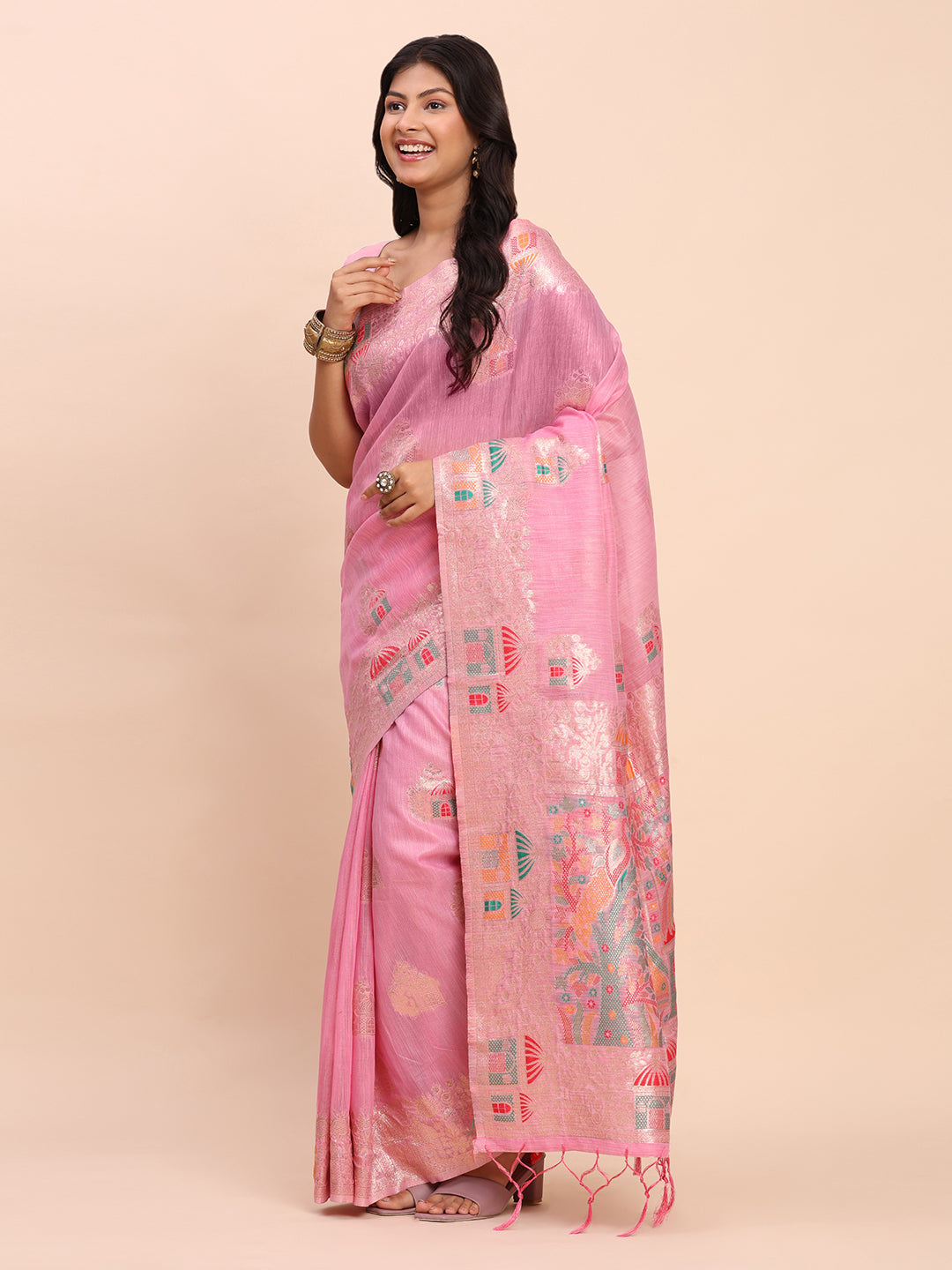 Pink Linen Cotton Saree