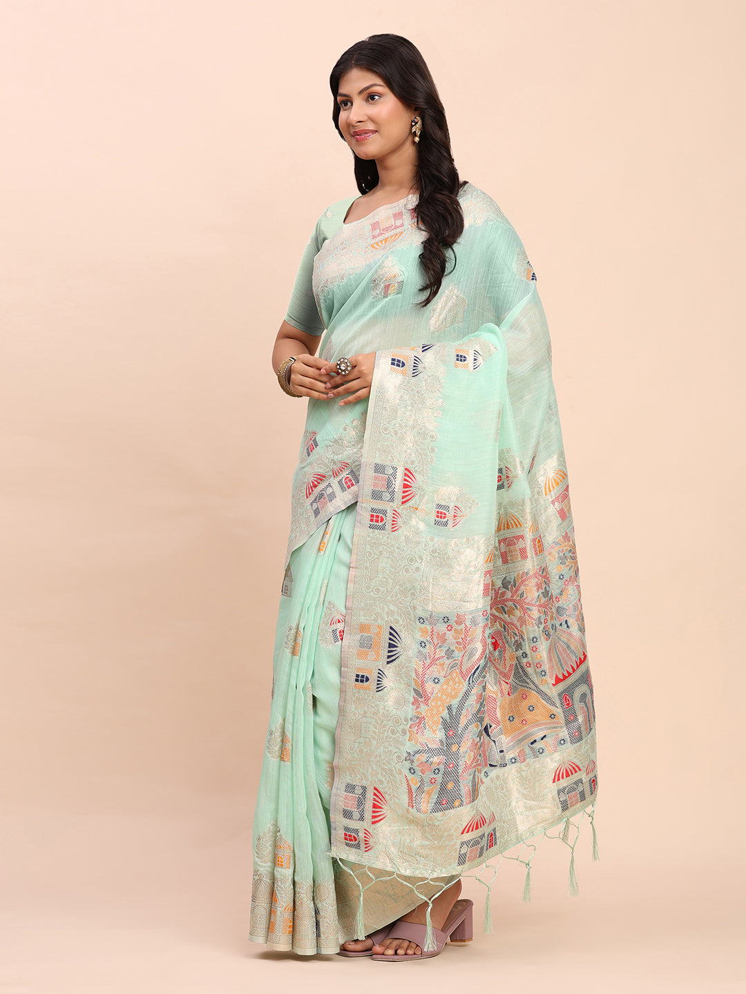 Sea Green Linen Cotton Saree