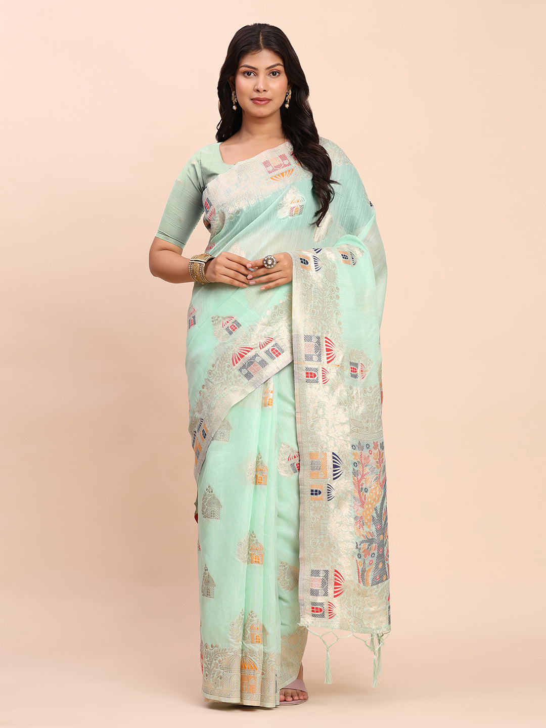 Sea Green Linen Cotton Saree