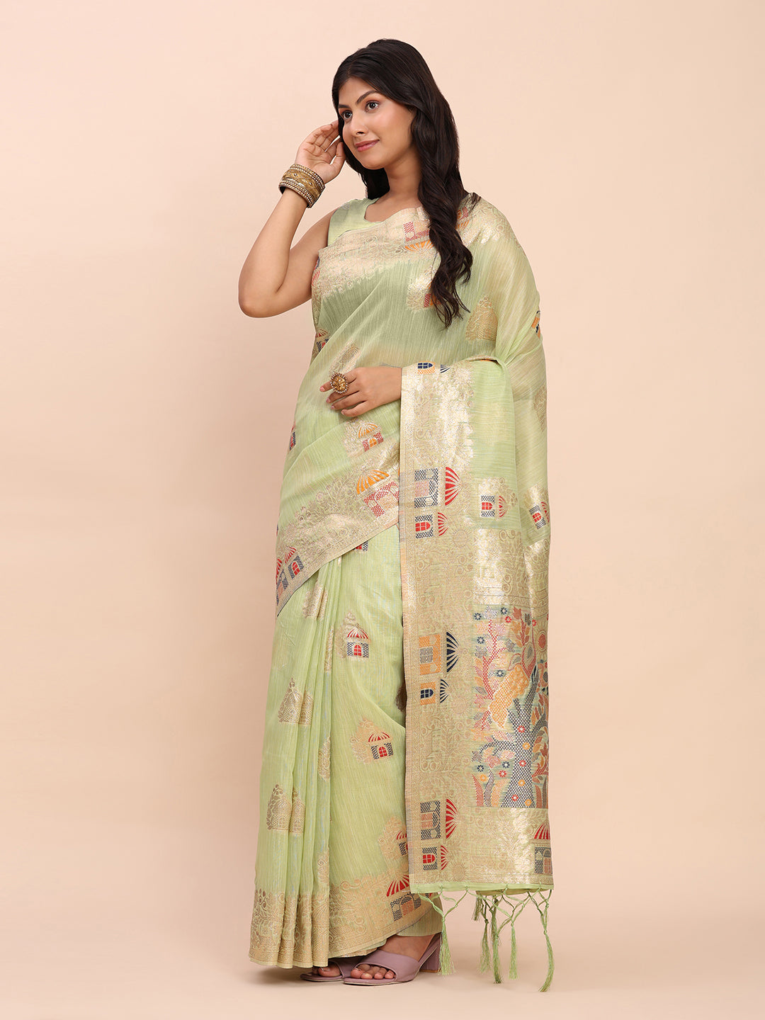 Light Green Linen Cotton Saree