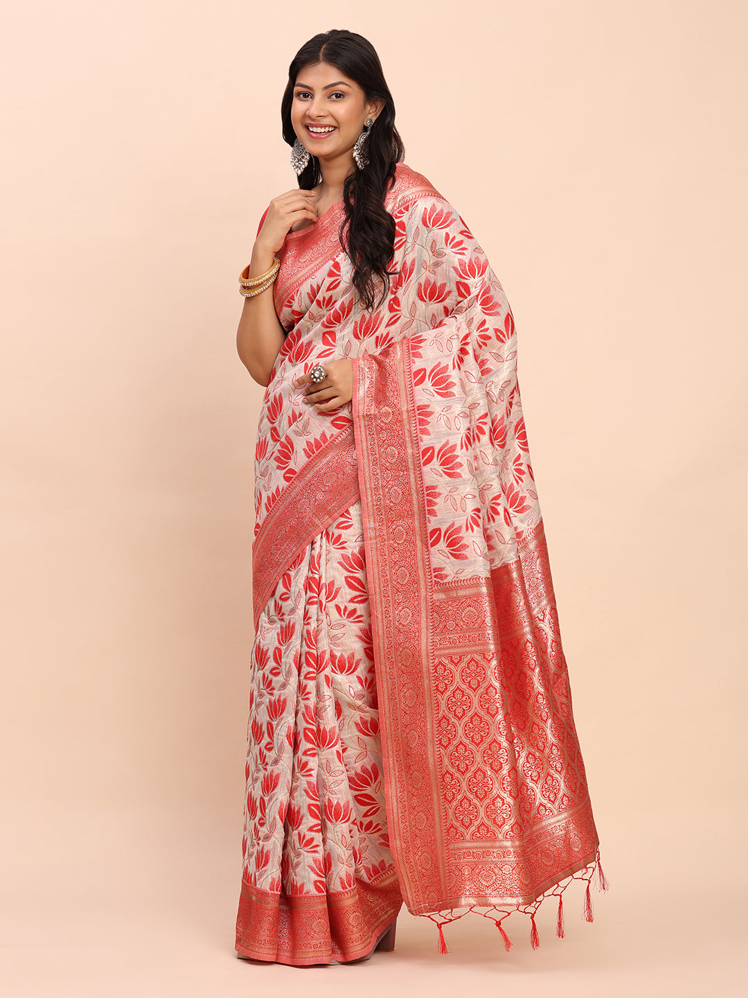 Red Linen Cotton Saree