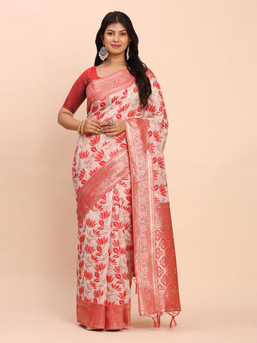 Red Linen Cotton Saree