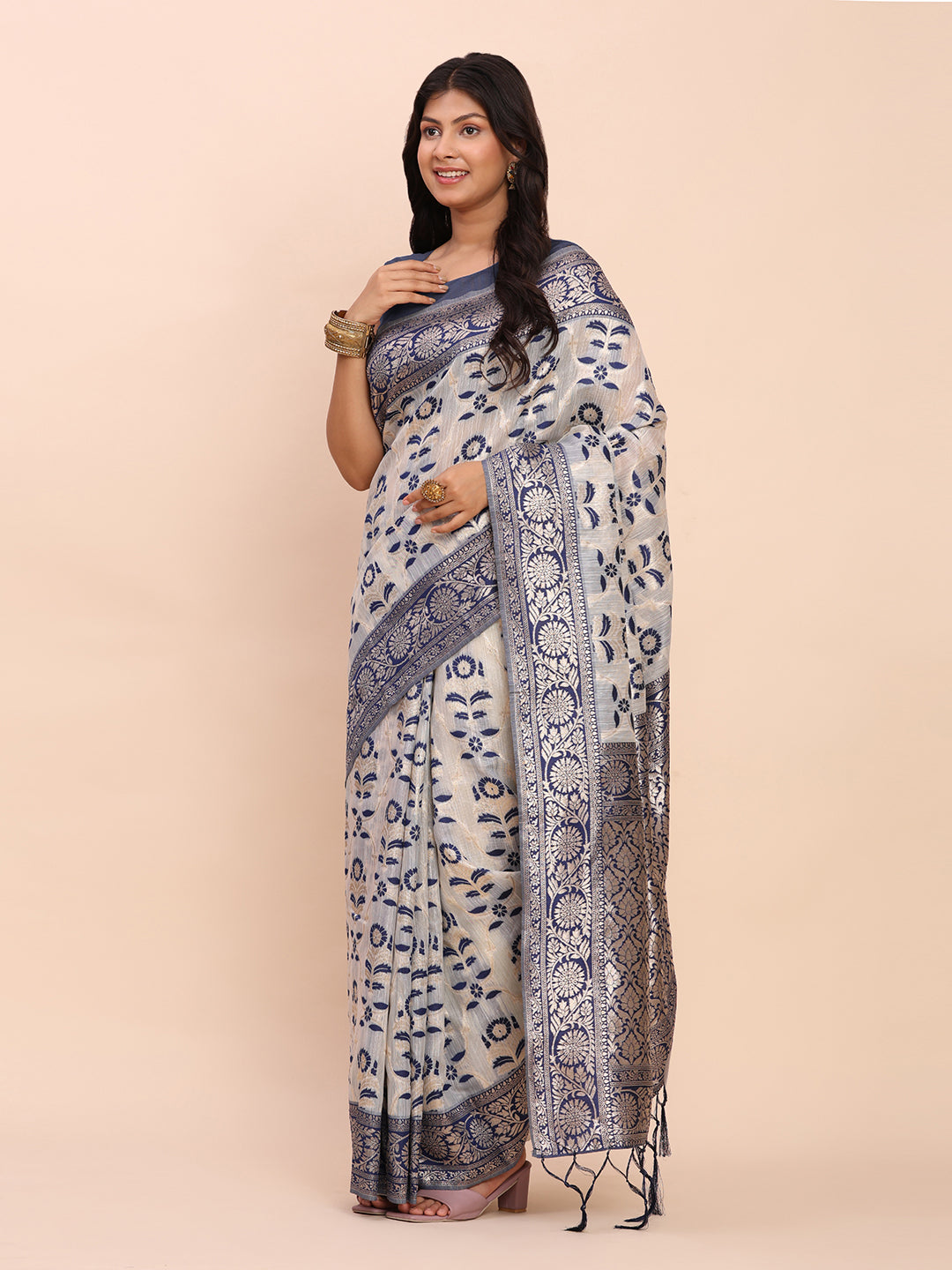 Navy Blue Linen Cotton Saree