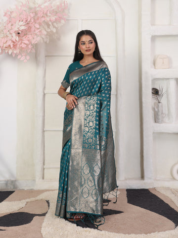Teal Green Litchi Silk Saree