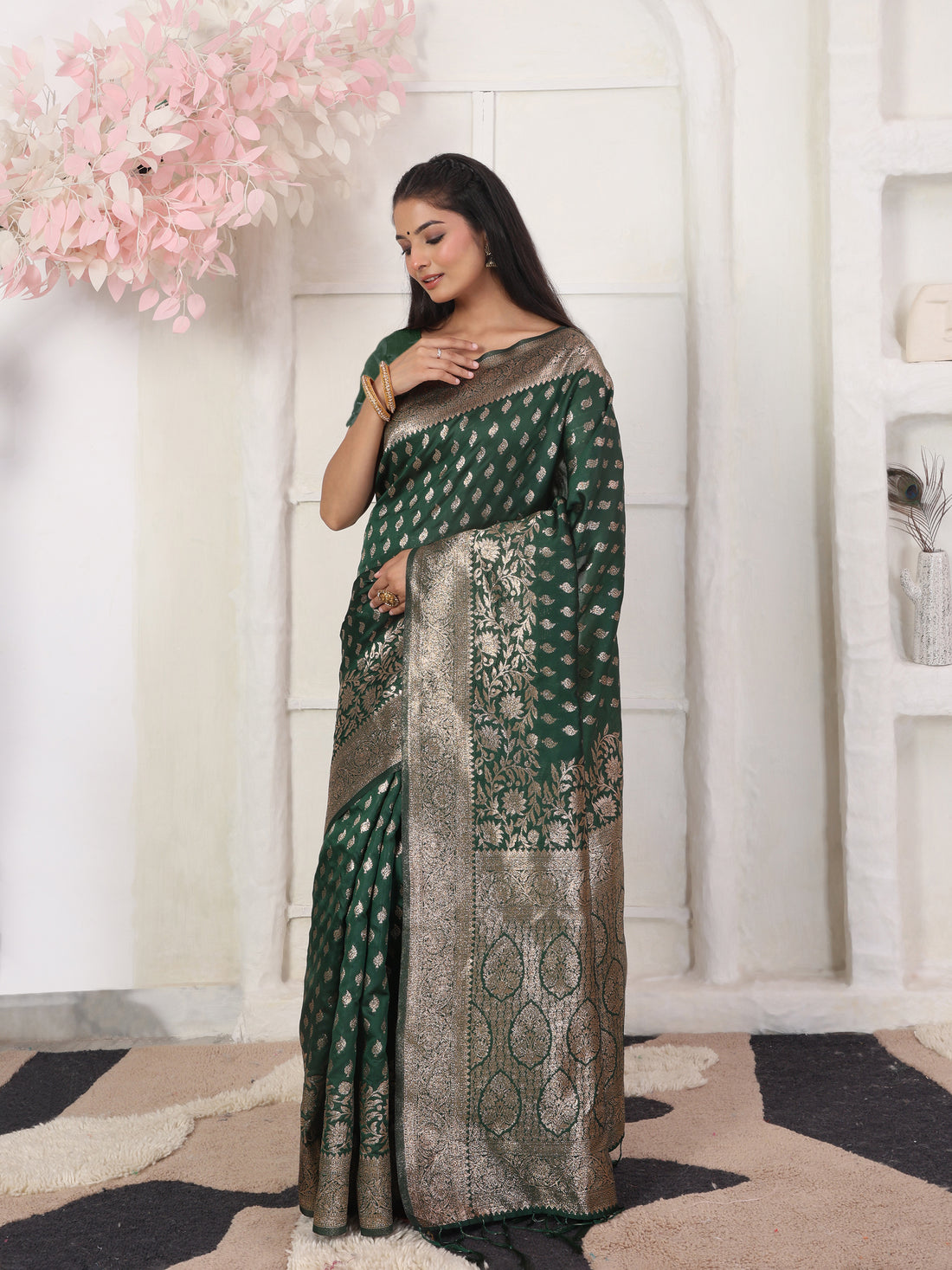 Dark Green Litchi Silk Saree