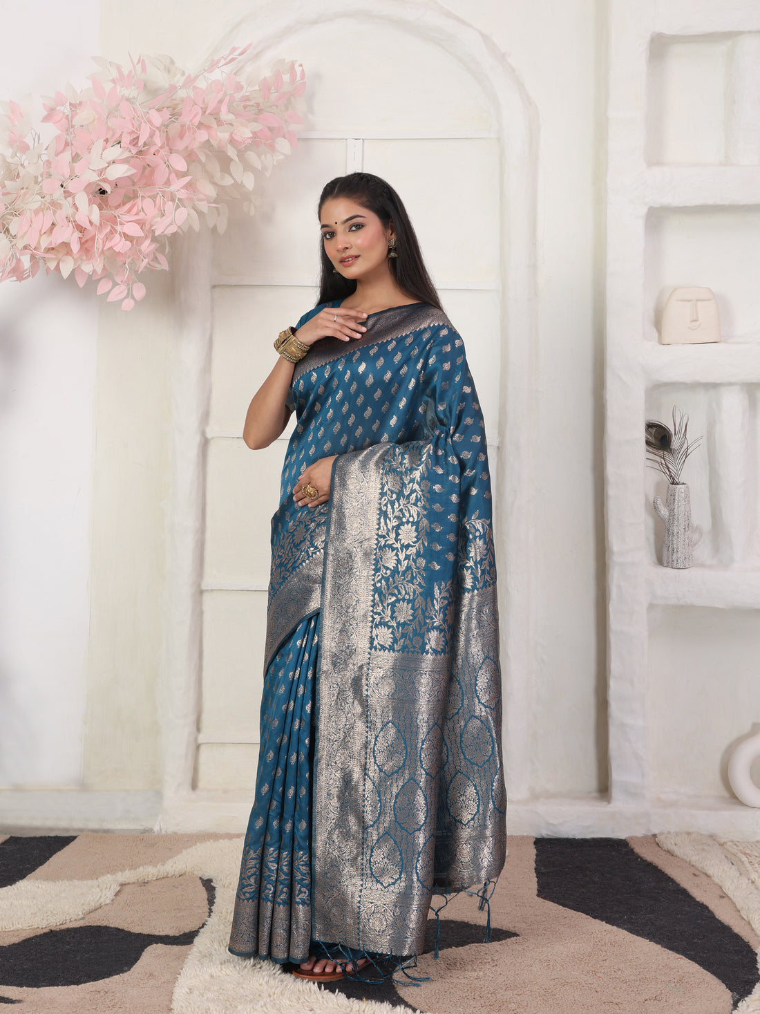 Teal Blue Litchi Silk Saree