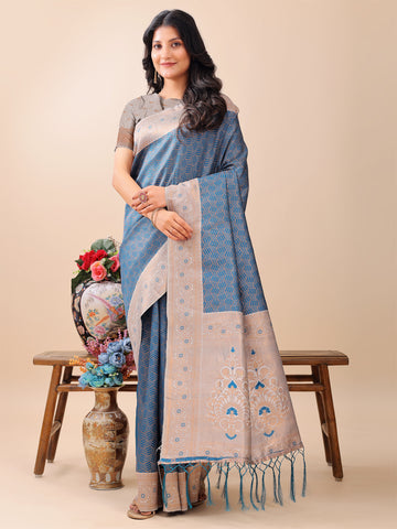 Blue & Dust Storm Litchi Silk Saree