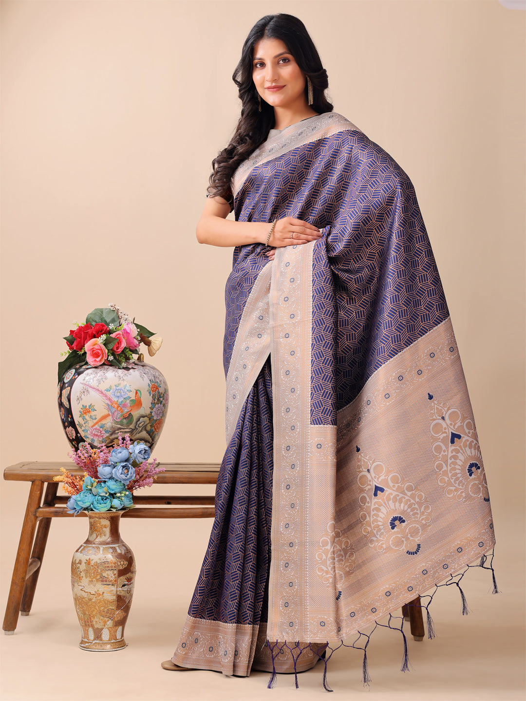 Navy Blue & Mandys Pink Litchi Silk Saree