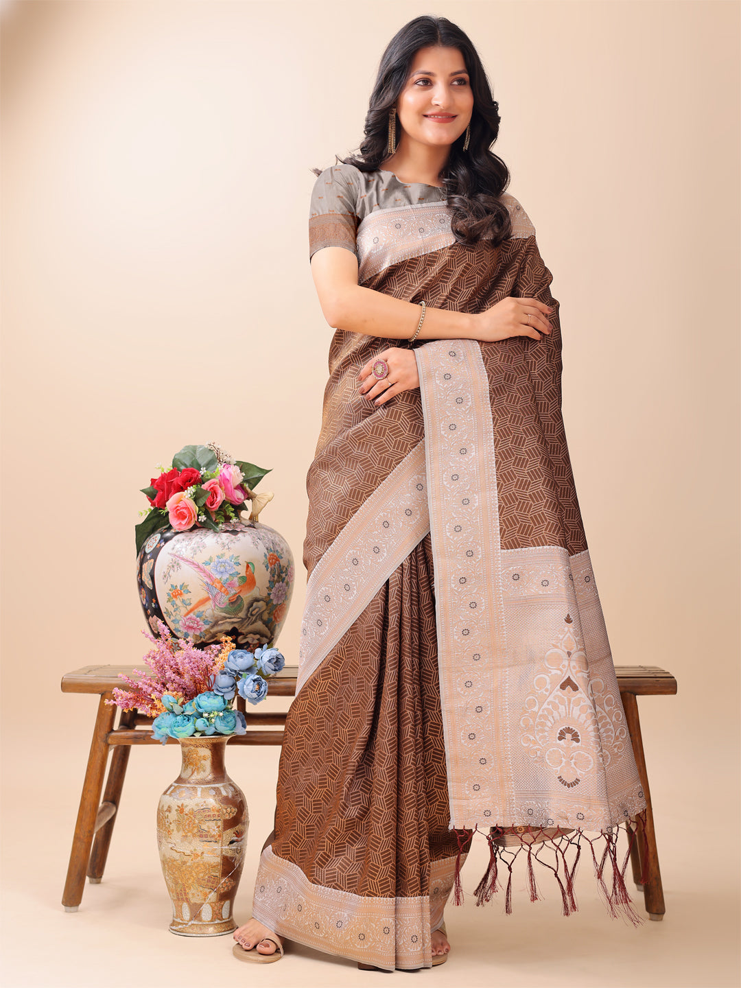Brown Litchi Silk Saree