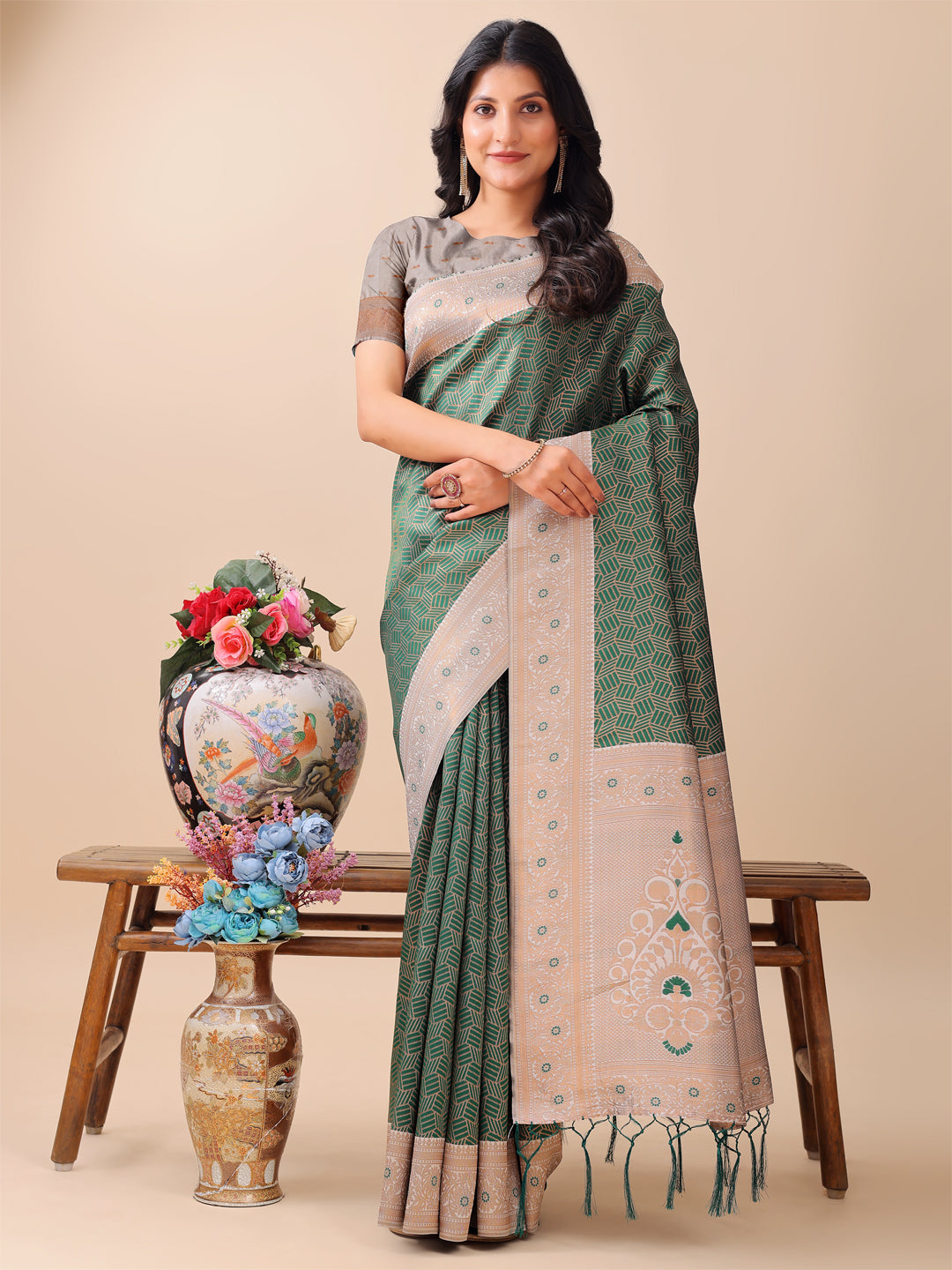 Green Silver Pink Litchi Silk Saree