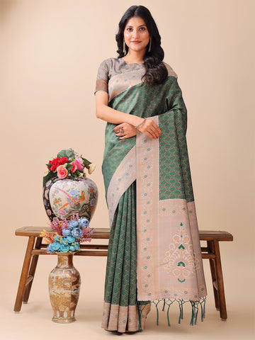 Green Silver Pink Litchi Silk Saree