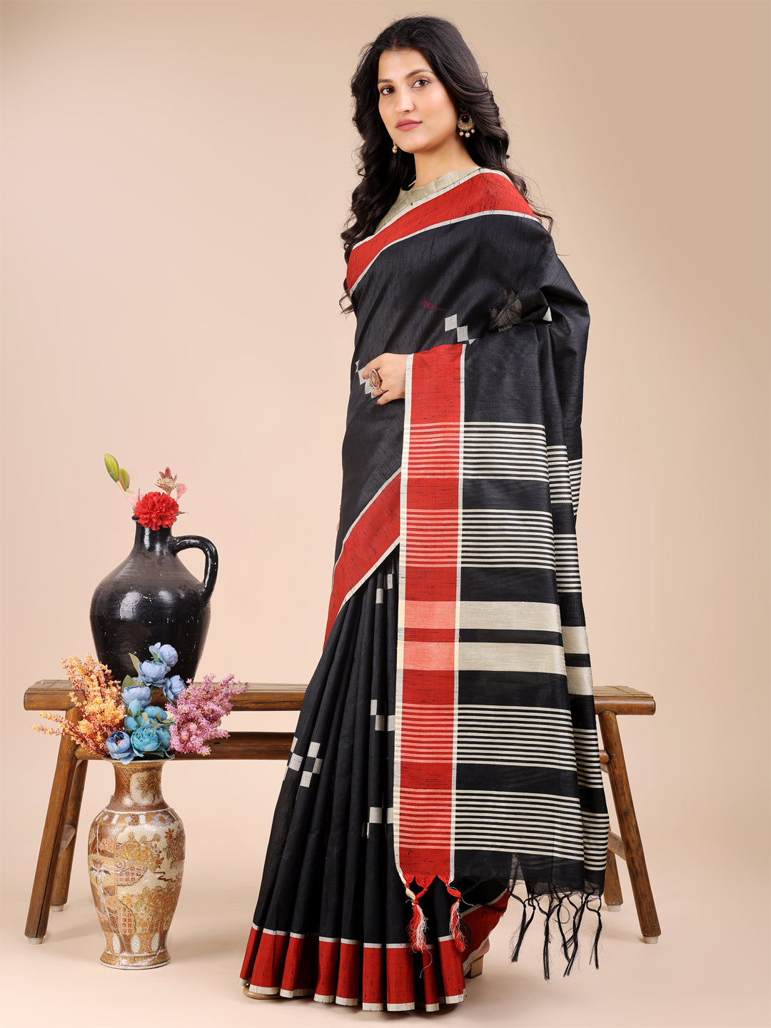Black Saree with Red Border Saree