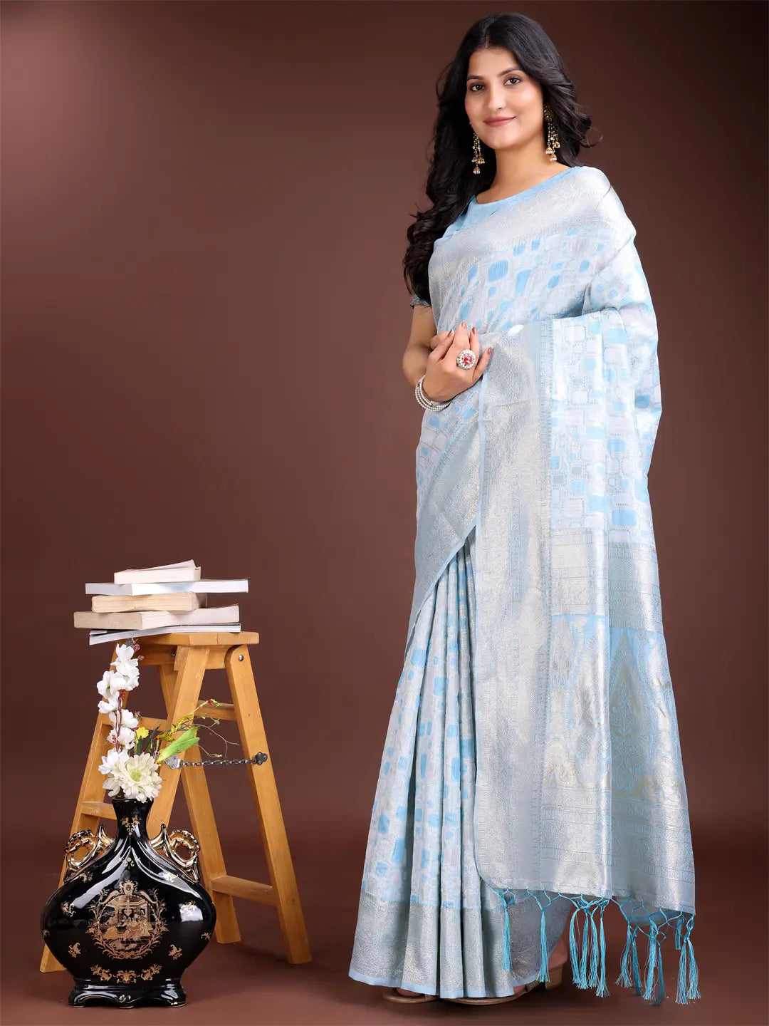 Sky Blue Linen Cotton Saree