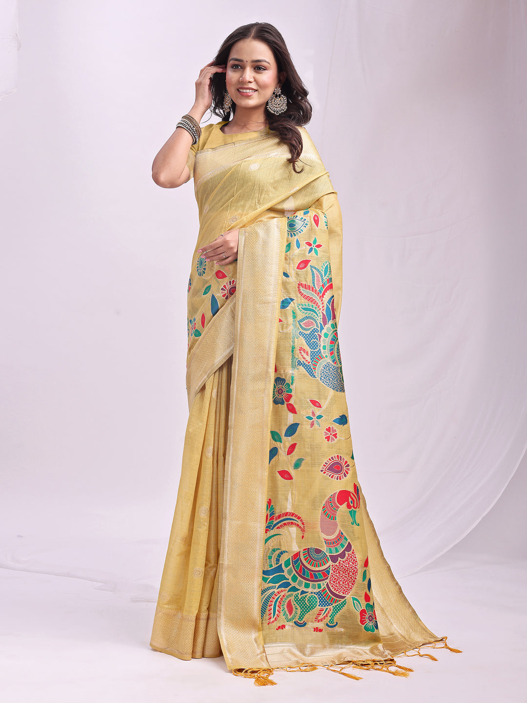 Yellow Linen Cotton Saree
