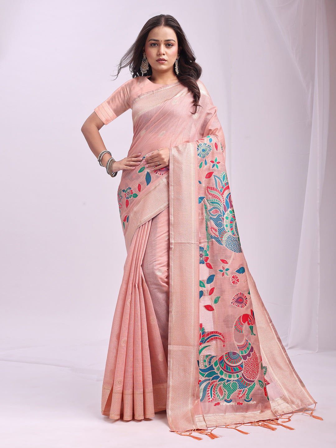 Peach Linen Cotton Saree