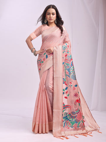 Peach Linen Cotton Saree