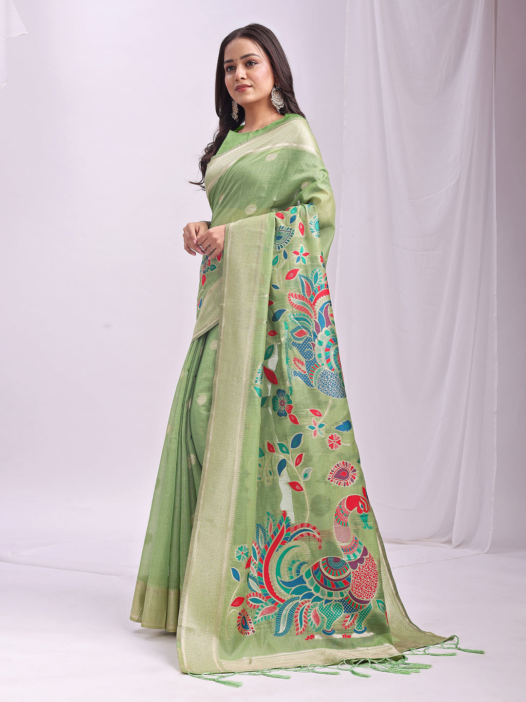 Light Green Linen Cotton Saree