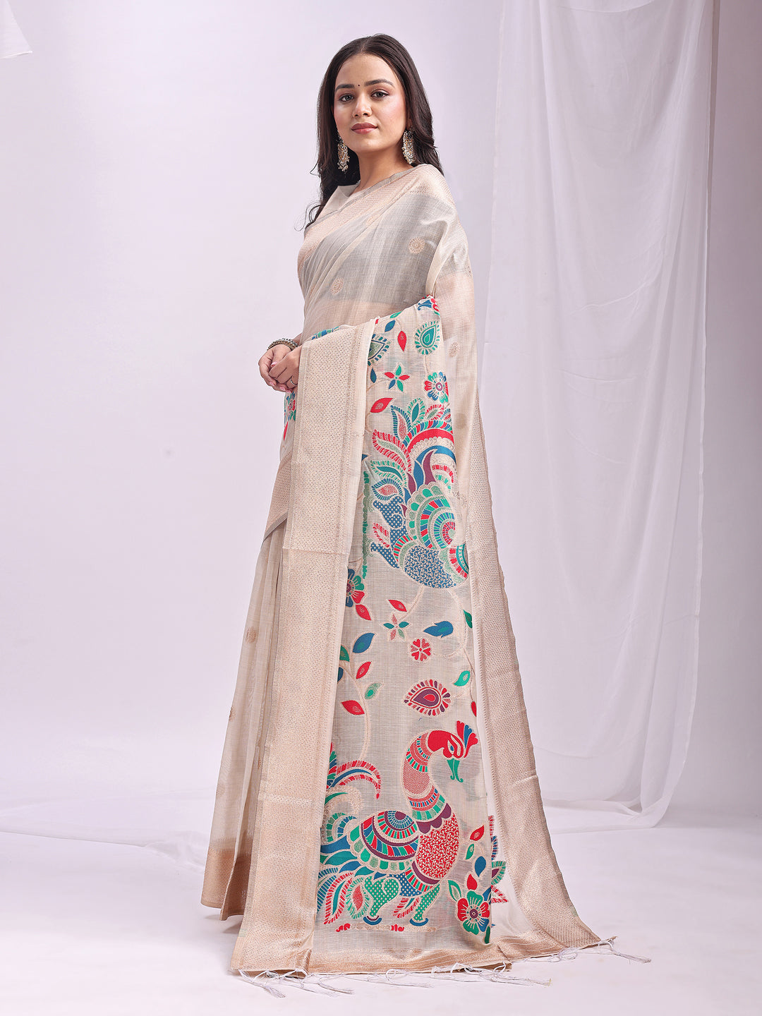 Cream Linen Cotton Saree