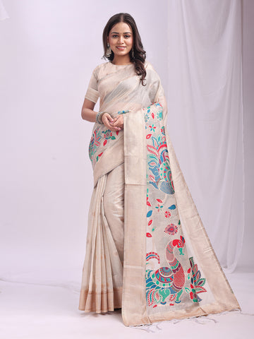 Cream Linen Cotton Saree
