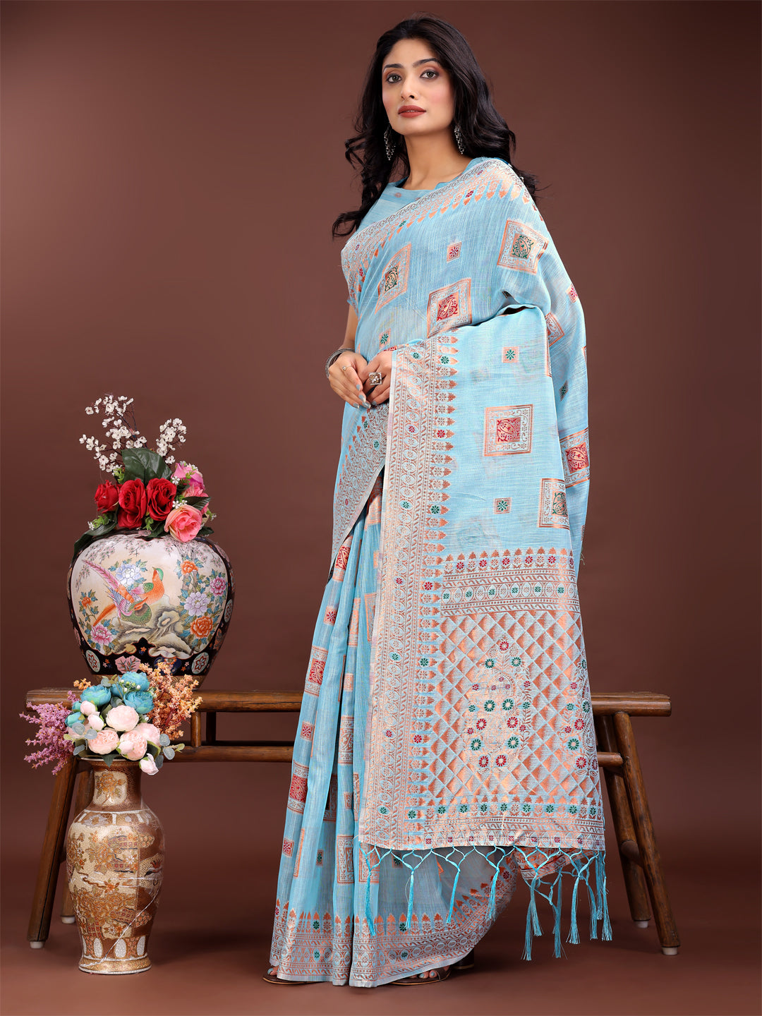 Sky Blue Linen Cotton Saree