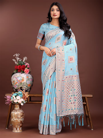 Sky Blue Linen Cotton Saree