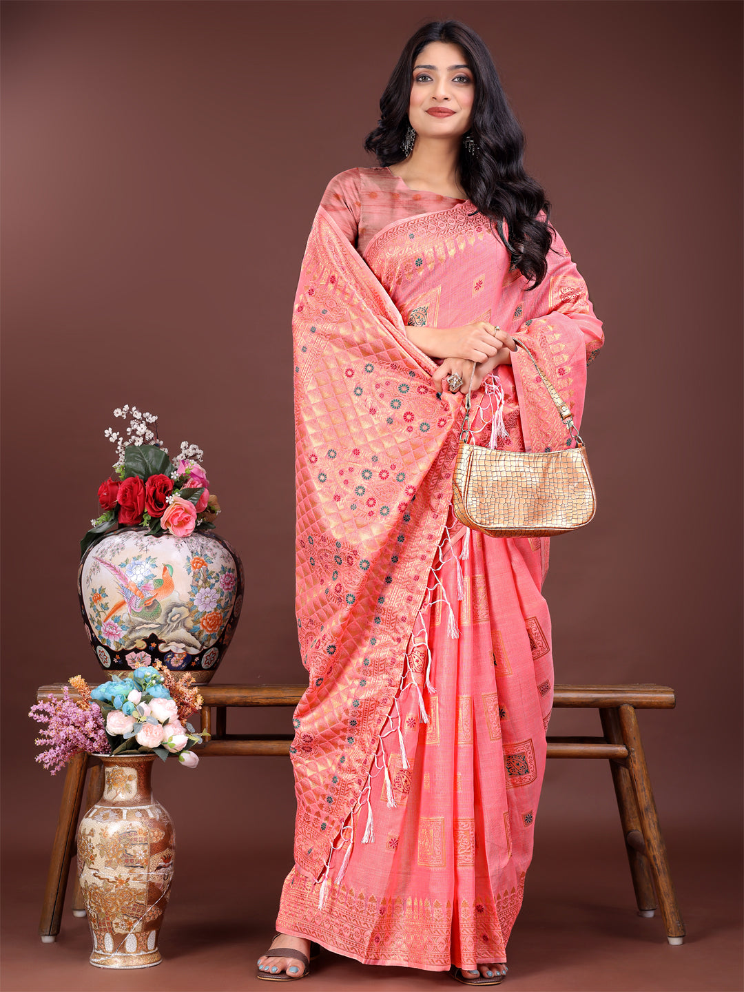 Peach Linen Cotton Saree