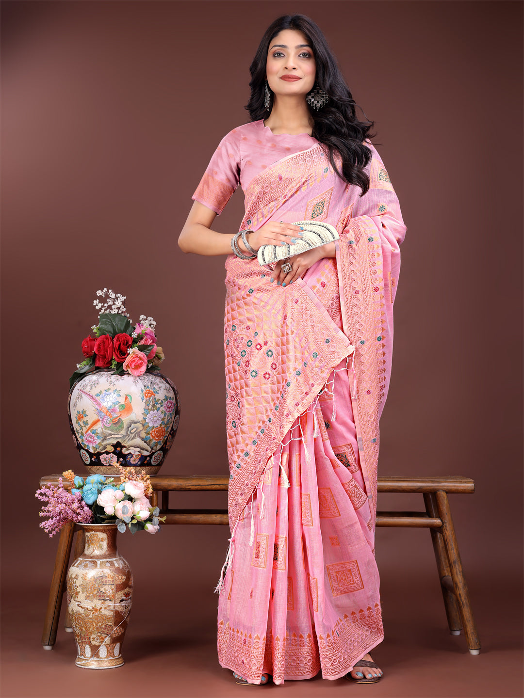 Light Pink Linen Cotton Saree