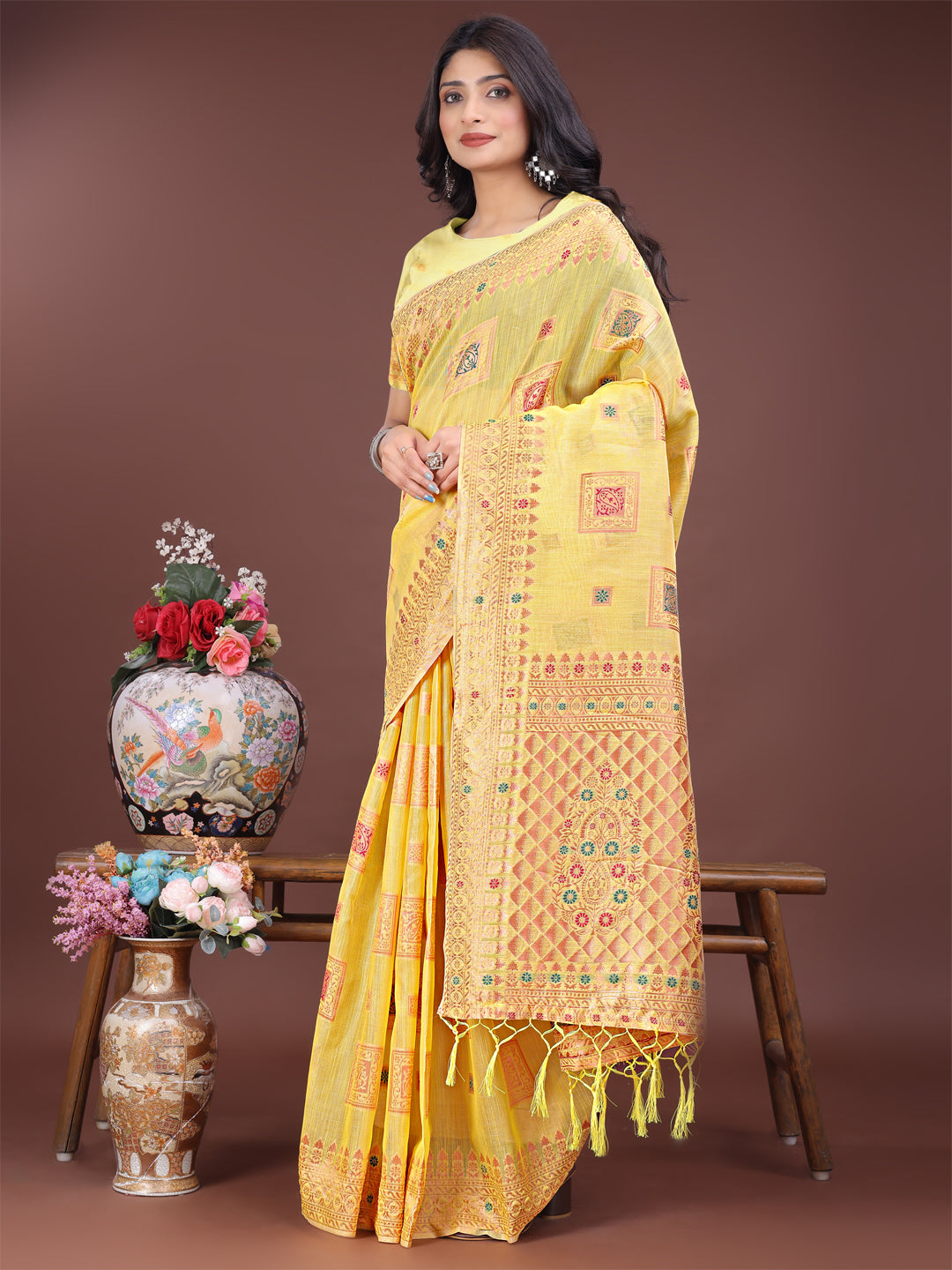 Yellow Linen Cotton Saree