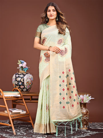 Sea Green Linen Cotton Saree