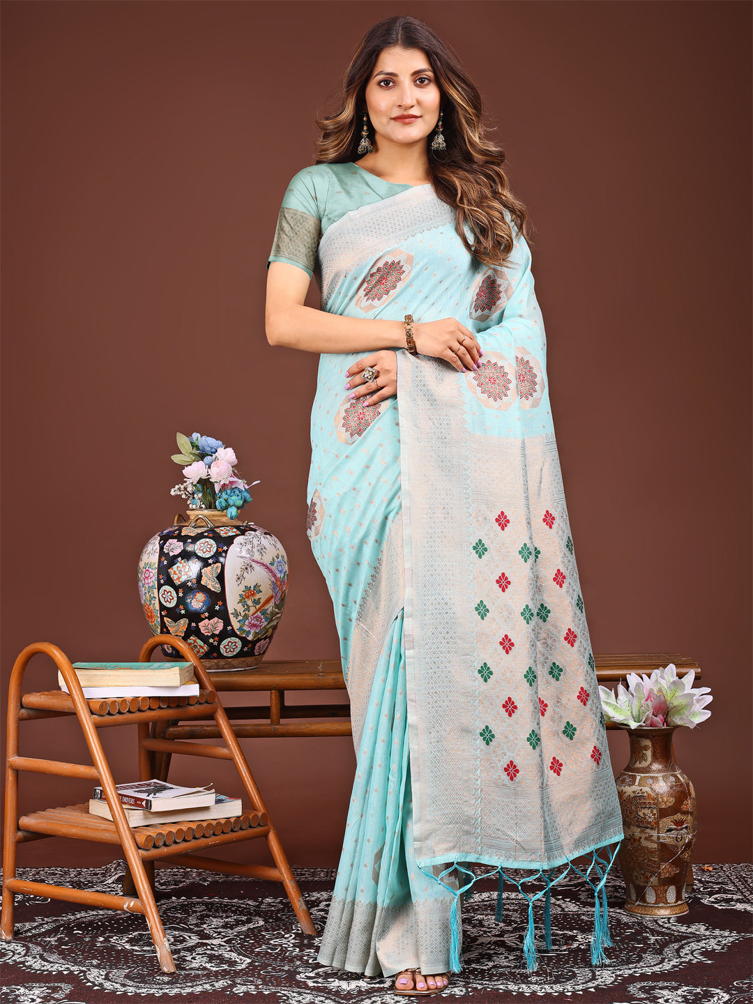 Sky Blue Linen Cotton Saree