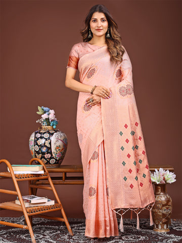 Peach Linen Cotton Saree