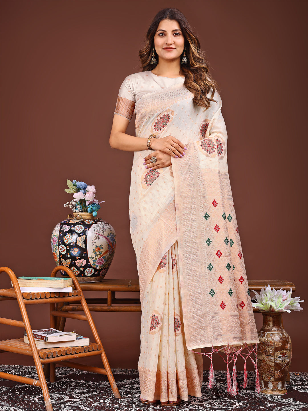 White Linen Cotton Saree