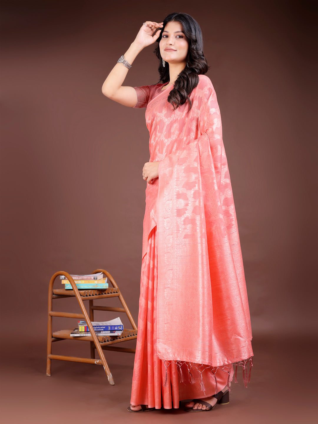 Peach Linen Cotton Saree