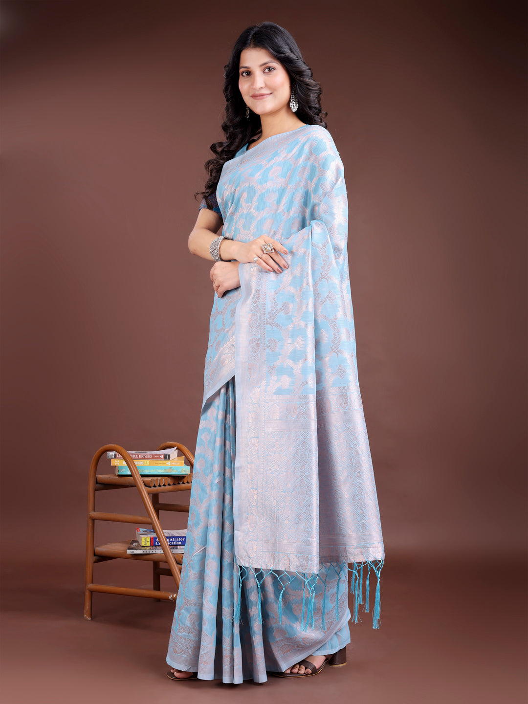 Sky Blue Linen Cotton Saree