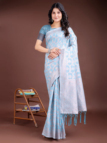 Sky Blue Linen Cotton Saree