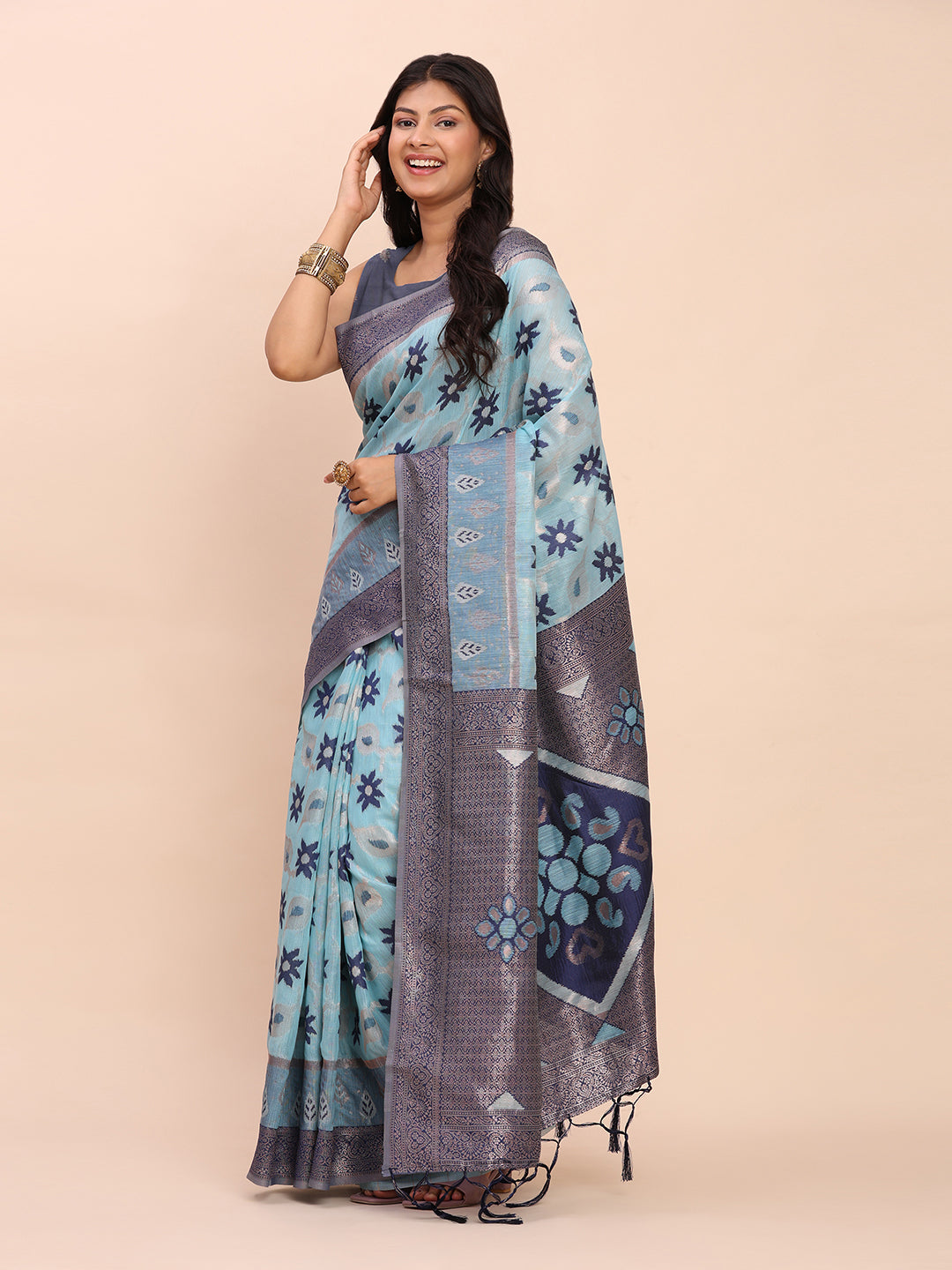 Sky Blue Linen Cotton Saree
