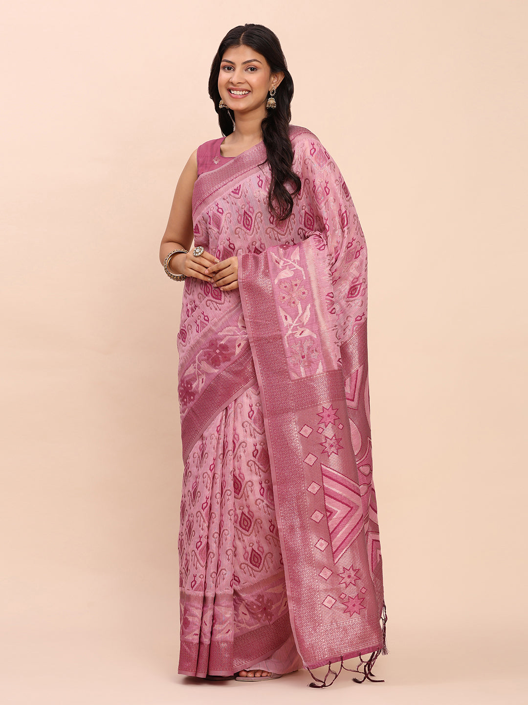 Pink Linen Cotton Saree